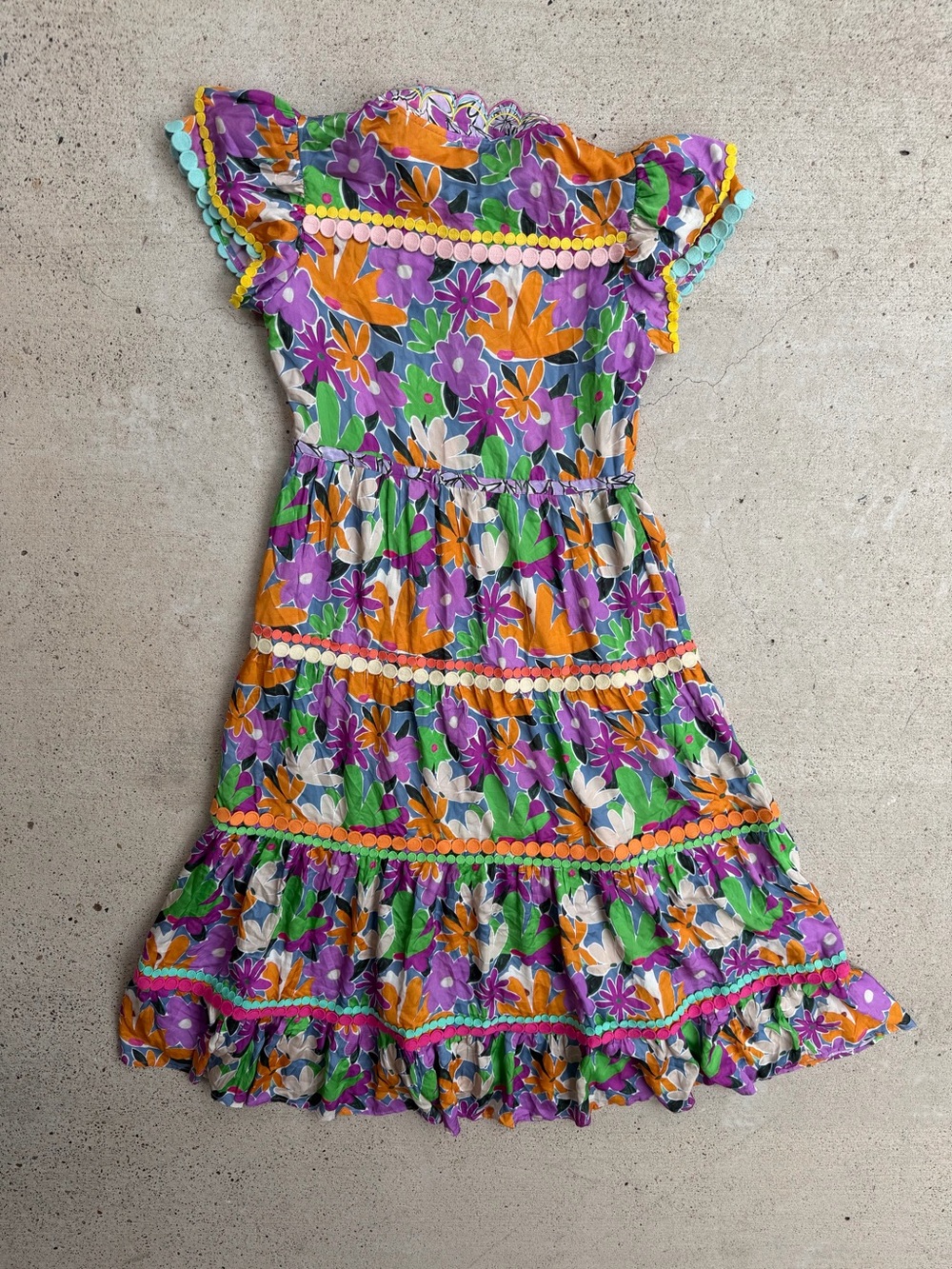 CeliaB Aneeta Floral Tiered Midi Dress Scalloped Ruffle Pom Pom Rickrack Sz L - Picture 7 of 9